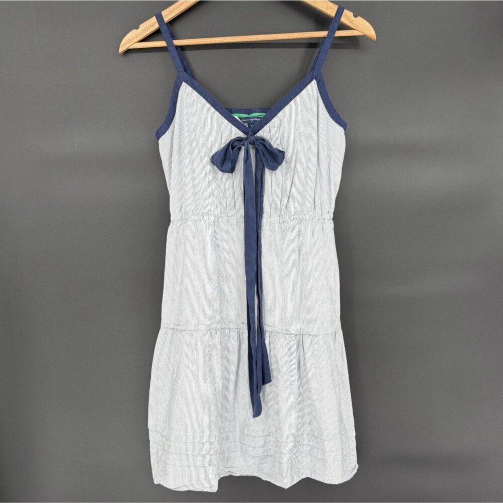 American Eagle Women's Pinstripe Bow Tie Tiered Summer Dress Size 6 Blue White